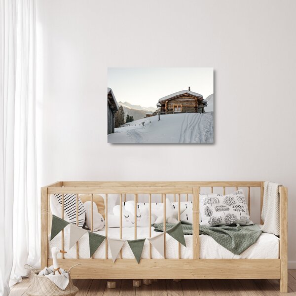 Tablou pe sticlă - cabana montană în zăpadă (70x50 cm)