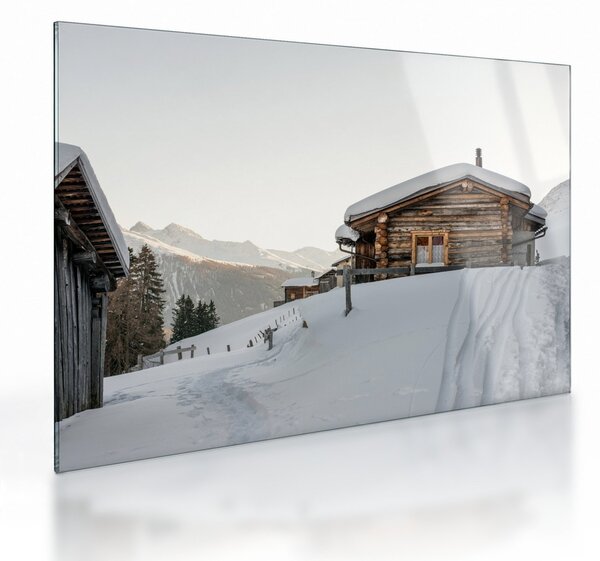 Tablou pe sticlă - cabana montană în zăpadă (70x50 cm)