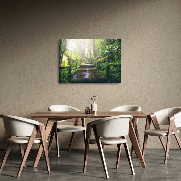 Tablou pe sticlă - trepte din lemn în pădure (70x50 cm)