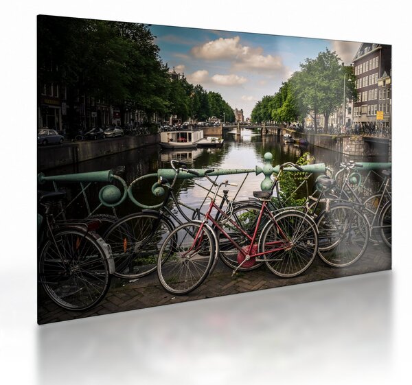 Tablou pe sticlă cu bicicleta în oraș (70x50 cm)
