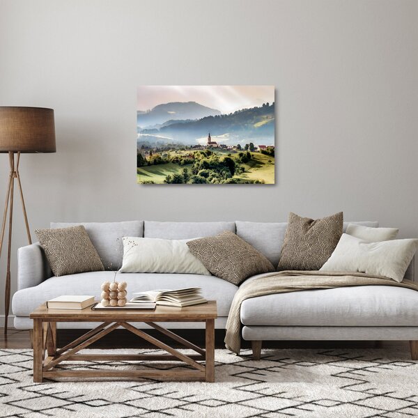 Tablou pe sticlă - sătuț în ceață (70x50 cm)