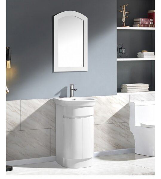 Set mobilier baie Pvc rotund alb 60 cm, lavoar ceramic si oglinda