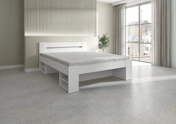 Cadru pat NEPO PLUS 160x200, alb, PAL laminat, cu spatiu depozitare