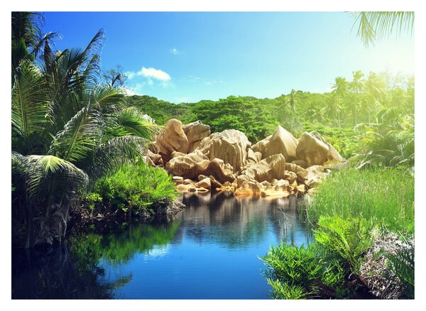 Tablou pe sticlă cu lac în jungla din Seychelles (70x50 cm)