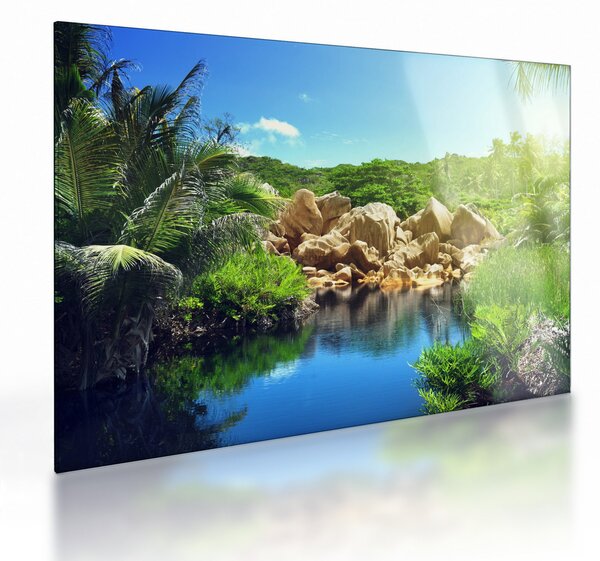 Tablou pe sticlă cu lac în jungla din Seychelles (70x50 cm)