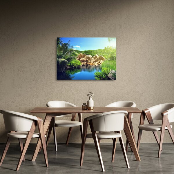 Tablou pe sticlă cu lac în jungla din Seychelles (70x50 cm)