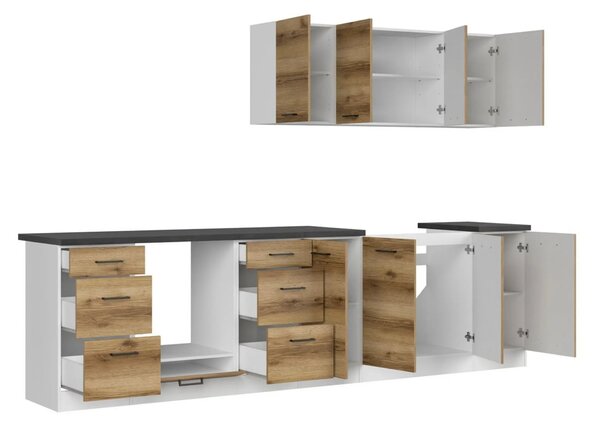 Set bucatarie JUNONA LINE, stejar delano/alb, PAL, 300 cm, cu blat neg