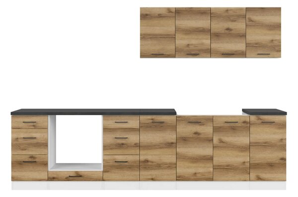 Set bucatarie JUNONA LINE, stejar delano/alb, PAL, 300 cm, cu blat neg