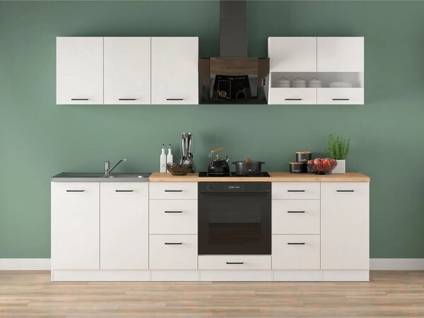 Set bucatarie JUNONA LINE, alb lucios, PAL, 260 cm, cu blat stejar art