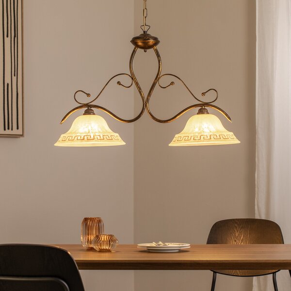ONLI Lampă suspendată BILIARDO GIORGIO, crem/bronz, sticlă/fier 2 becuri, reglabil, Bronz / Alamă Veche, Camera de zi / sufragerie, Sticlă, Casă de țară / Rustic