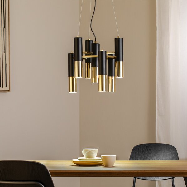 Domiluce Lampă suspendată Orino, negru/auriu, metal, 7 becuri, GU10, reglabil, Auriu / Alamă, Camera de zi / sufragerie, Metal, Modern