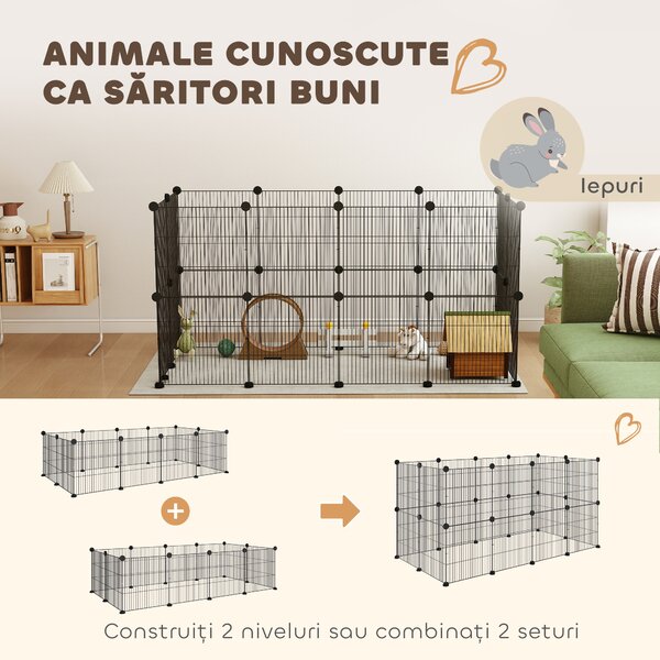 PawHut Țarc Modular pentru Animale de Companie de Talie Mică cu Panouri și Accesorii, 140x70x35 cm, Negru | Aosom Romania