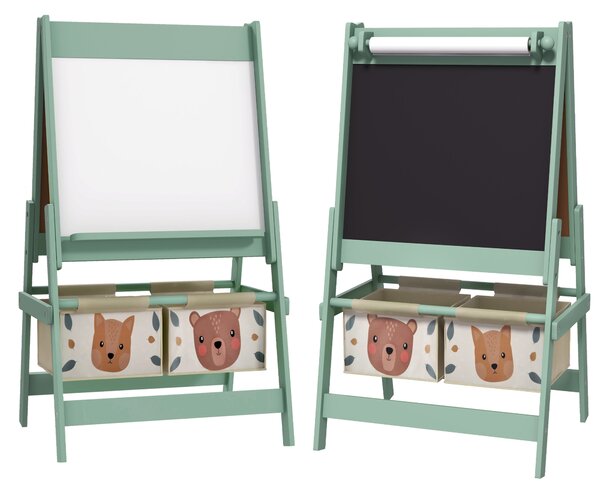 Tablă pentru copii 3 în 1 AIYAPLAY cu 2 containere, șevalet de artă din lemn pentru copii 3-8 ani, 54x46,5x93cm, de culoare verde | Aosom Romania