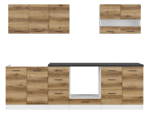 Set bucatarie JUNONA LINE, stejar delano/alb, PAL, 260 cm, cu blat neg