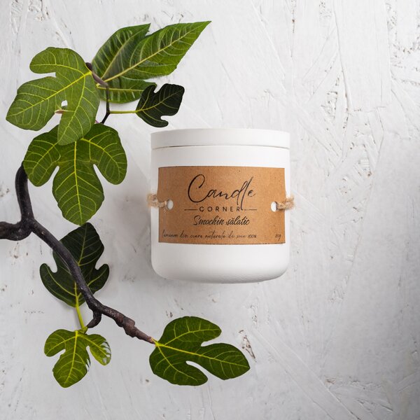 Lumanare parfumata handmade din ceara naturala de soia 100%, aroma Smochin salbatic, Recipient ceramic alb, 150 g