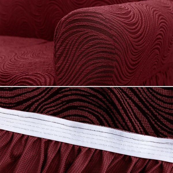 Set huse elastice pentru canapea 3 Locuri si 2 fotolii, cu volanas, model Jacquard Bordo in dungi