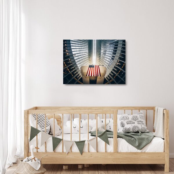 Tablou pe sticlă unei construcții cu steagul SUA (70x50 cm)