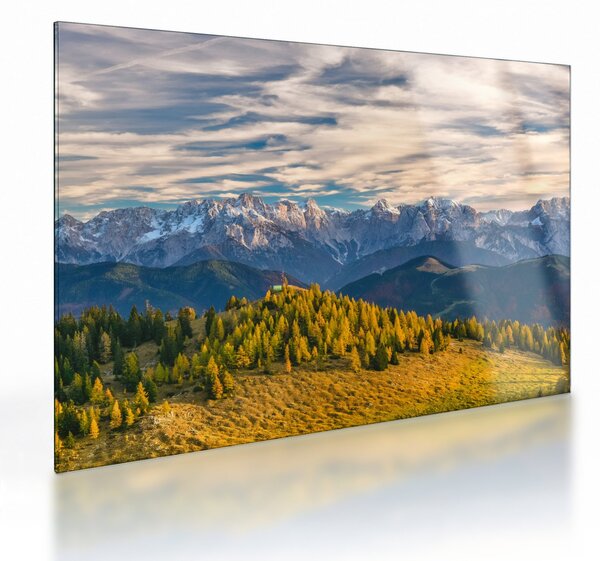 Tablou pe sticlă - panorama montană (70x50 cm)