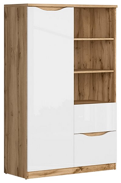 Comoda NUIS, stejar/alb lucios, 90x40x148 cm