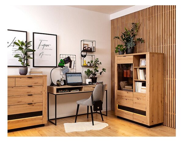 Vitrina OSTIA, stejar artisan/negru, PAL/sticla securizata, 101x42x144