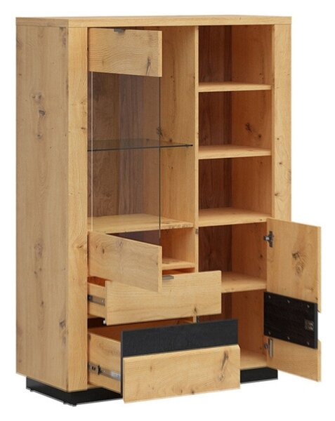 Vitrina OSTIA, stejar artisan/negru, PAL/sticla securizata, 101x42x144