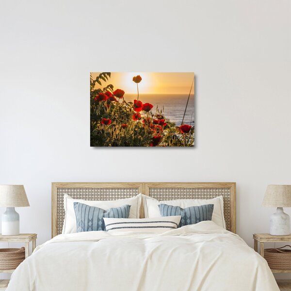 Tablou pe sticlă cu apus de soare cu flori de maci (70x50 cm)
