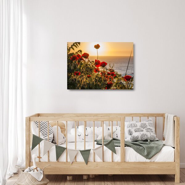 Tablou pe sticlă cu apus de soare cu flori de maci (70x50 cm)