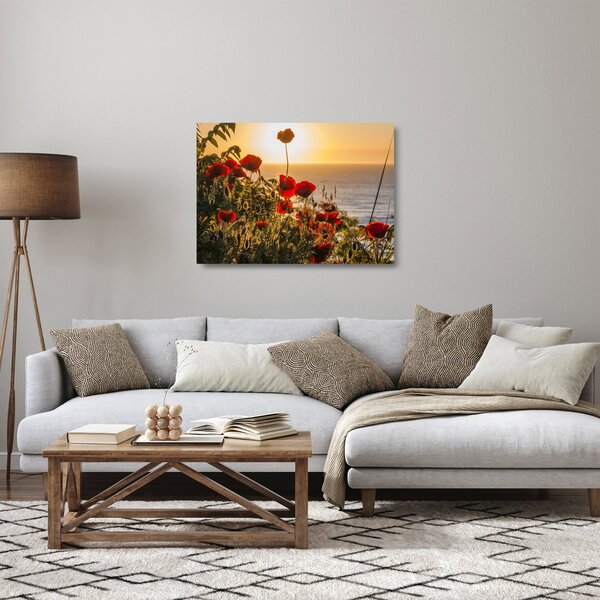 Tablou pe sticlă cu apus de soare cu flori de maci (70x50 cm)