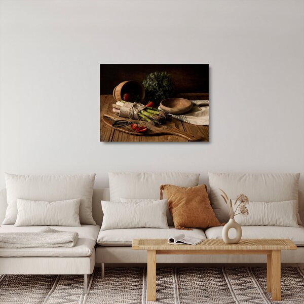 Tablou pe sticlă cu sparanghel pe masă (70x50 cm)