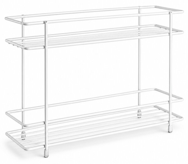 Raft metalic Pufo Kitchen cu 2 niveluri pentru organizarea dulapului si condimentelor, 32.5 x 8 x 21.5 cm, alb – organizator compact pentru bucatarie, dulap, blat sau camara