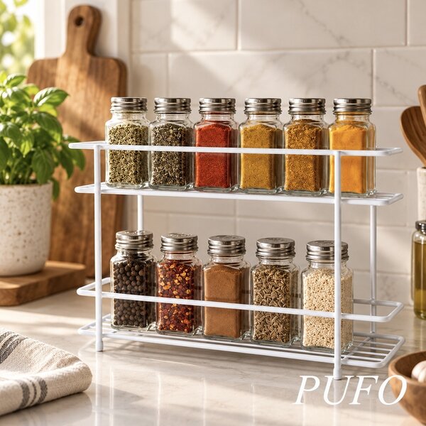 Raft metalic Pufo Kitchen cu 2 niveluri pentru organizarea dulapului si condimentelor, 32.5 x 8 x 21.5 cm, alb – organizator compact pentru bucatarie, dulap, blat sau camara