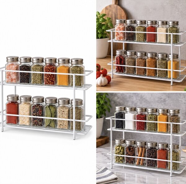 Raft metalic Pufo Kitchen cu 2 niveluri pentru organizarea dulapului si condimentelor, 32.5 x 8 x 21.5 cm, alb – organizator compact pentru bucatarie, dulap, blat sau camara