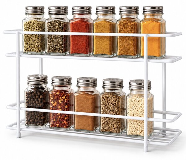Raft metalic Pufo Kitchen cu 2 niveluri pentru organizarea dulapului si condimentelor, 32.5 x 8 x 21.5 cm, alb – organizator compact pentru bucatarie, dulap, blat sau camara