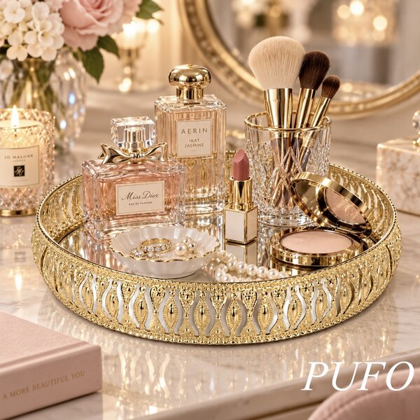 Tava eleganta Pufo Golden cu oglinda pentru servire prajituri, desert, aperitive si decor masa, 27 cm