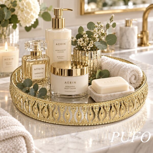 Tava eleganta Pufo Golden cu oglinda pentru servire prajituri, desert, aperitive si decor masa, 27 cm