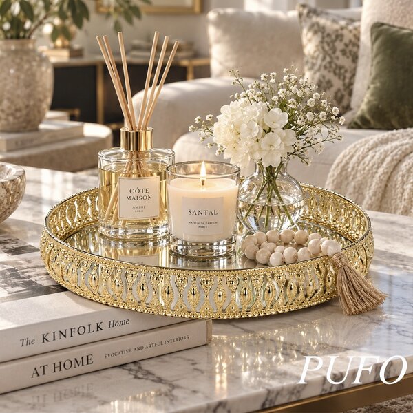 Tava eleganta Pufo Golden cu oglinda pentru servire prajituri, desert, aperitive si decor masa, 27 cm