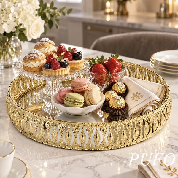 Tava eleganta Pufo Golden cu oglinda pentru servire prajituri, desert, aperitive si decor masa, 27 cm