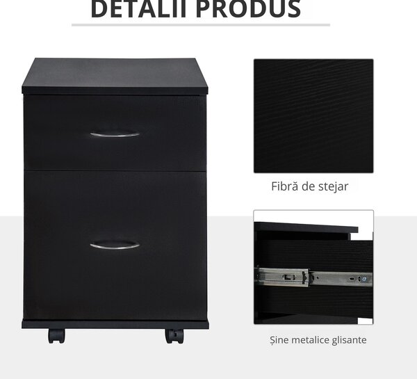 HOMCOM Comodă Mobilă pentru Birou, Design Modern pe Roți, din Lemn, 41x39x58cm, Negru | Aosom Romania