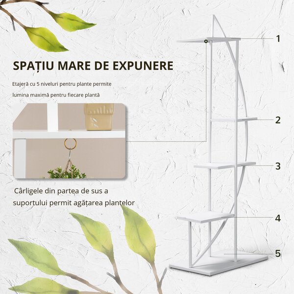 Outsunny Suport pentru Plante cu 5 Niveluri în Formă de Jumătate de Lună pentru Ghivece Decor Interior și Exterior 50x30x160 cm Alb | Aosom Romania