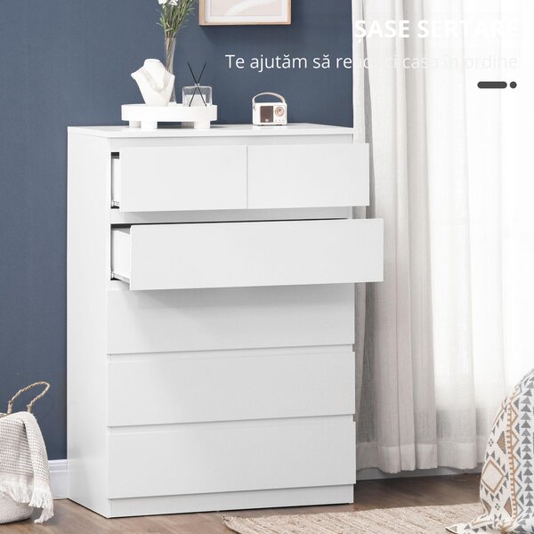 HOMCOM Comodă, Dulap de Depozitare cu 6 Sertare pentru Dormitor, Living, 80x39x115 cm, Alb | Aosom Romania