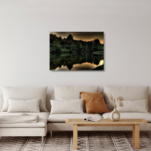 Tablou pe sticlă cu lac în pădure (70x50 cm)