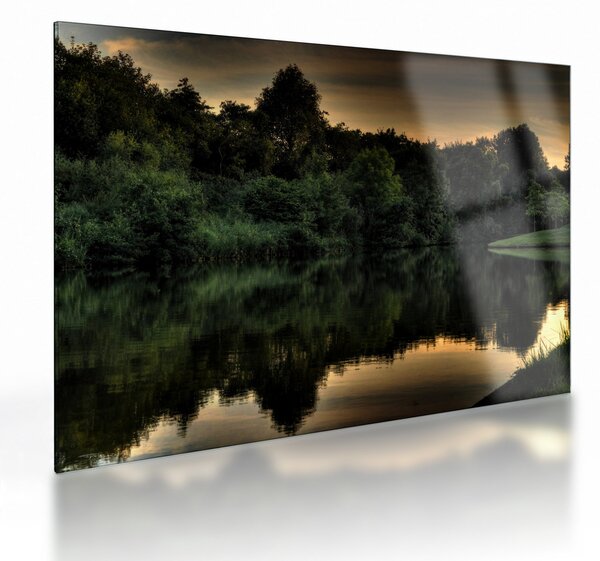 Tablou pe sticlă cu lac în pădure (70x50 cm)