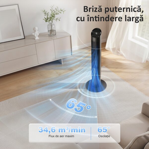 HOMCOM Ventilator de Coloană 116 cm, ventilator WiFi cu aplicație de control, dormitor, culoare neagră | Aosom Romania