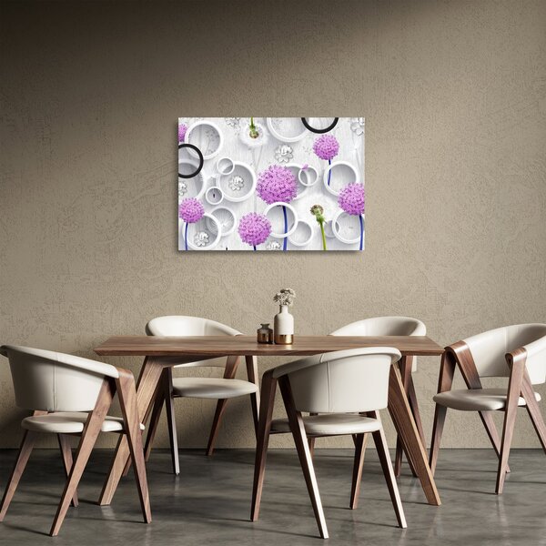 Tablou pe sticlă cu abstracție 3D cu cercuri și flori (70x50 cm)