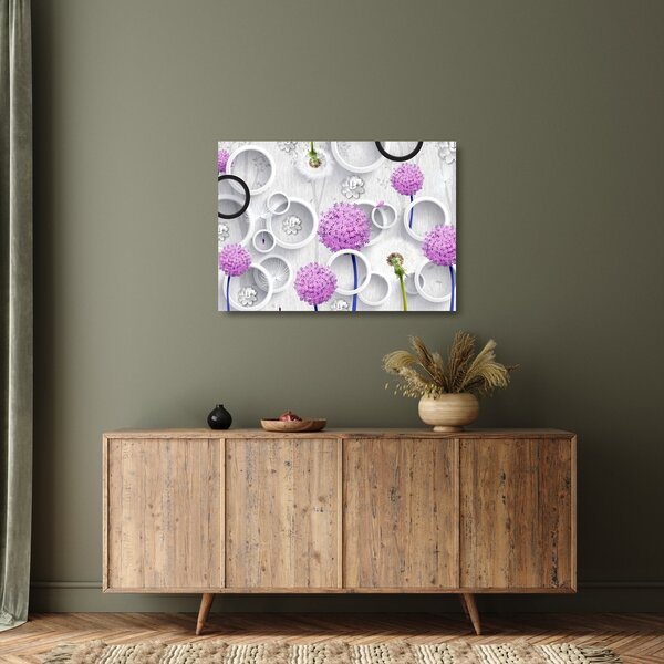 Tablou pe sticlă cu abstracție 3D cu cercuri și flori (70x50 cm)