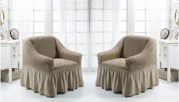 Set 2 huse elastice si creponate pentru fotolii, cu volanas, culoare Bej Cacao cu lapte