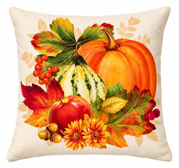 Perna decorativa cu imprimeu de toamna, dovleac si frunze, 40x40 cm, PPC07