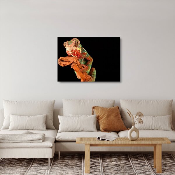 Tablou pe sticlă cu cameleon pe creangă (70x50 cm)