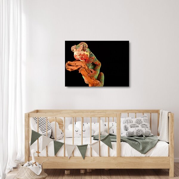 Tablou pe sticlă cu cameleon pe creangă (70x50 cm)