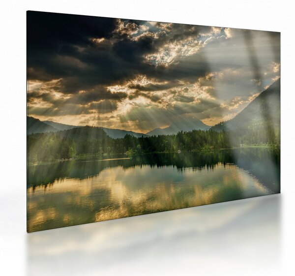 Tablou pe sticlă cu lac și soarele translucid (70x50 cm)